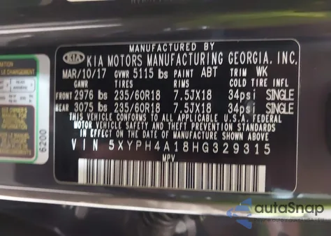 2017 Kia Sorento 2.0T Ex z USA, uszkodzony, nr VIN 5XYPH4A18HG329315